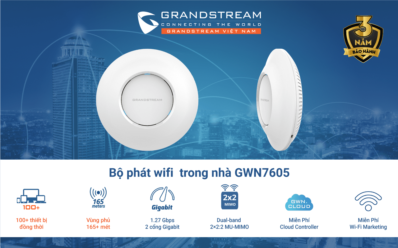 Bộ phát wifi GWN7605 hỗ trợ lên tới 100 thiết bị, vùng phủ 165 mét