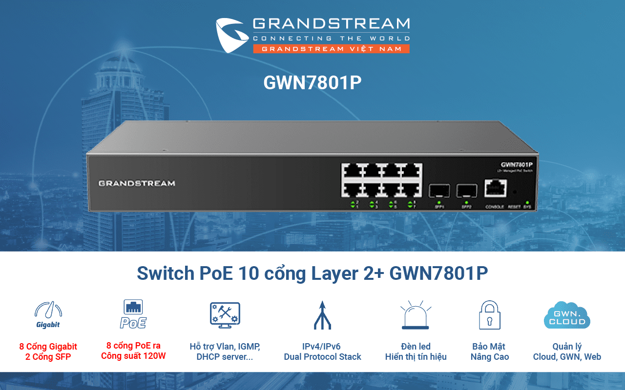 Switch PoE Layer 2+ GWN7801P 10 cổng