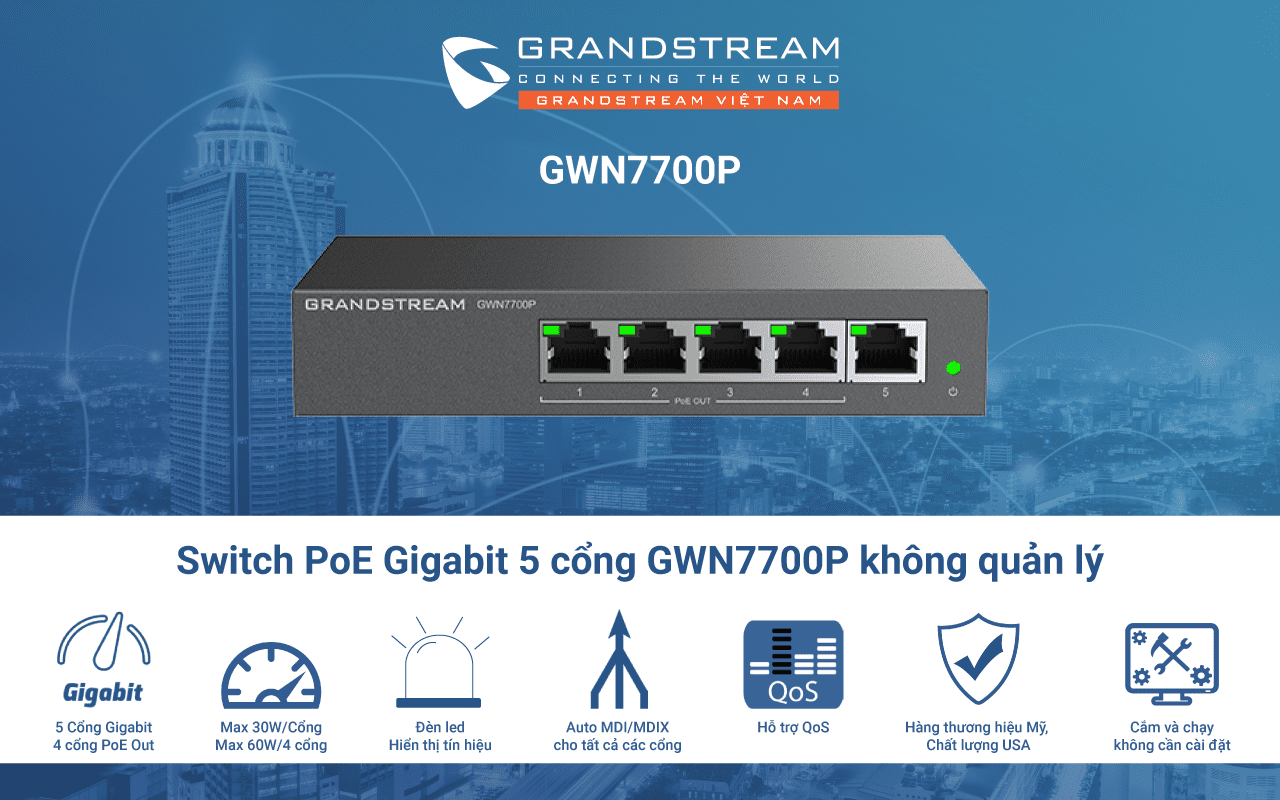 Switch PoE Gigabit 5 cổng, 4 cổng PoE out GWN7700P