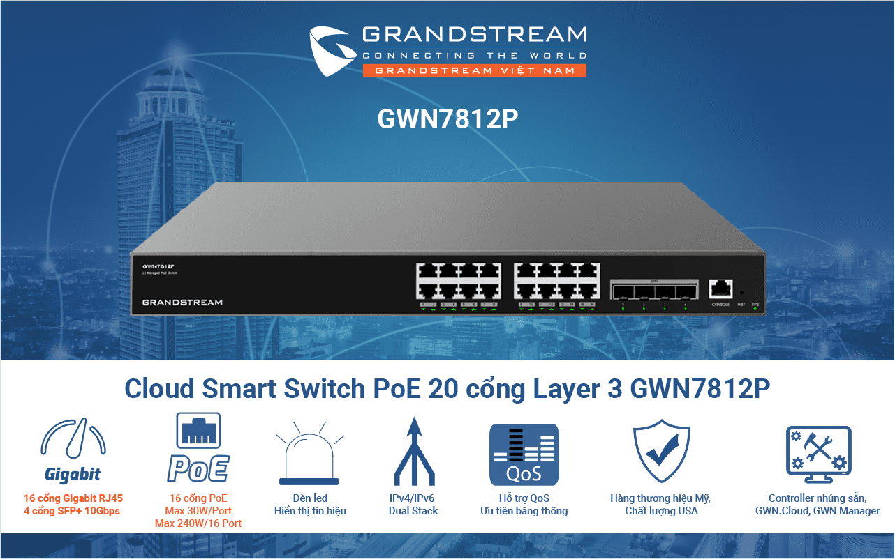 Cloud smart Switch PoE Layer-3 20 cổng GWN7812P với 16 cổng PoE RJ45 và 4 cổng SFP+ 10Gbps