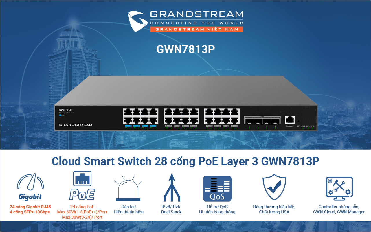 Cloud smart Switch PoE Layer-3 28 cổng GWN7813P