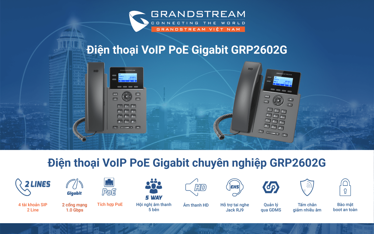 Điện thoại VoIP PoE Gigabit GRP2602G hỗ trợ PoE cổng mạng Gigabit