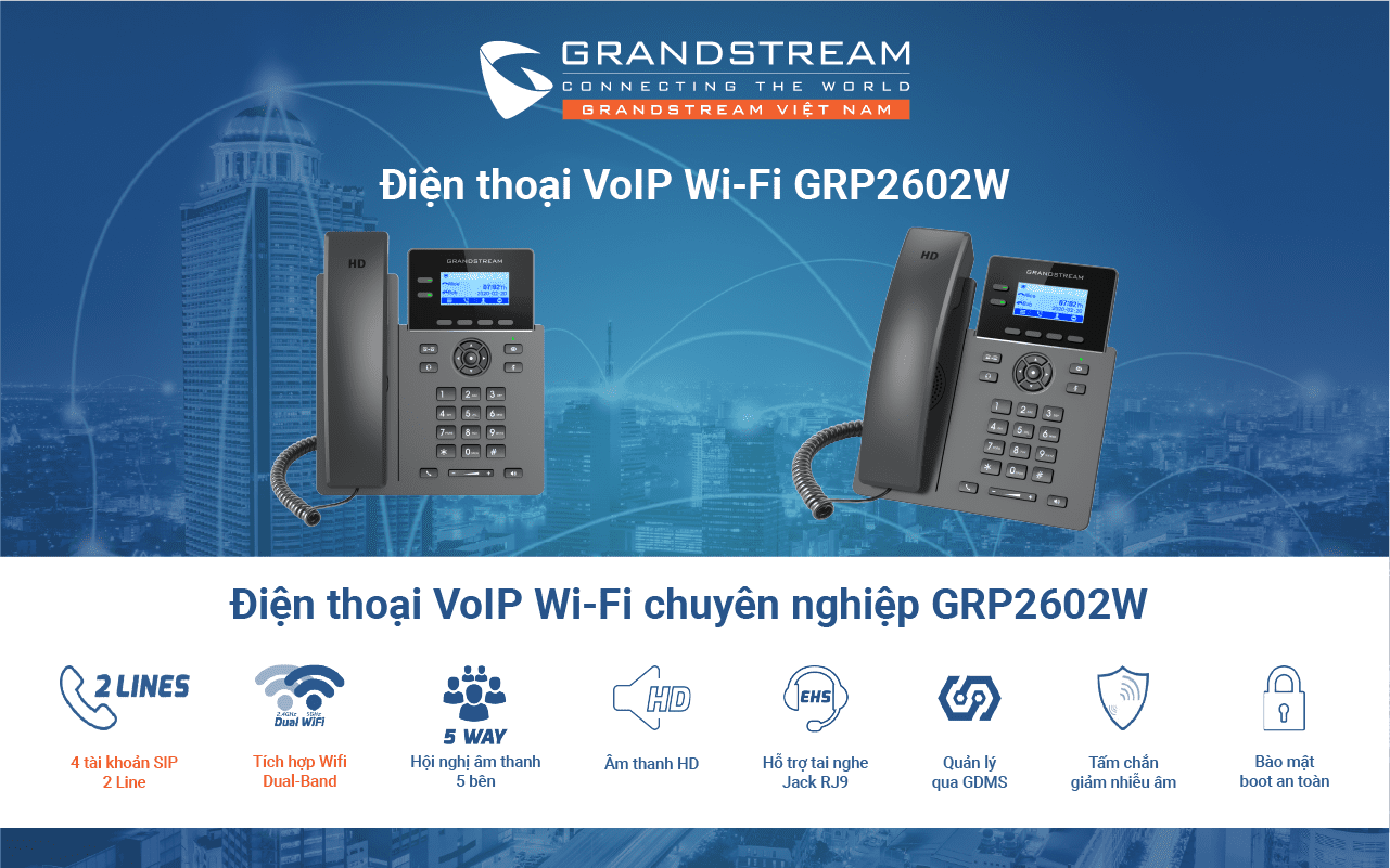 Điện thoại VoIP Wifi Grandstream GRP2602W hỗ trợ 4 SIP account, 2 line