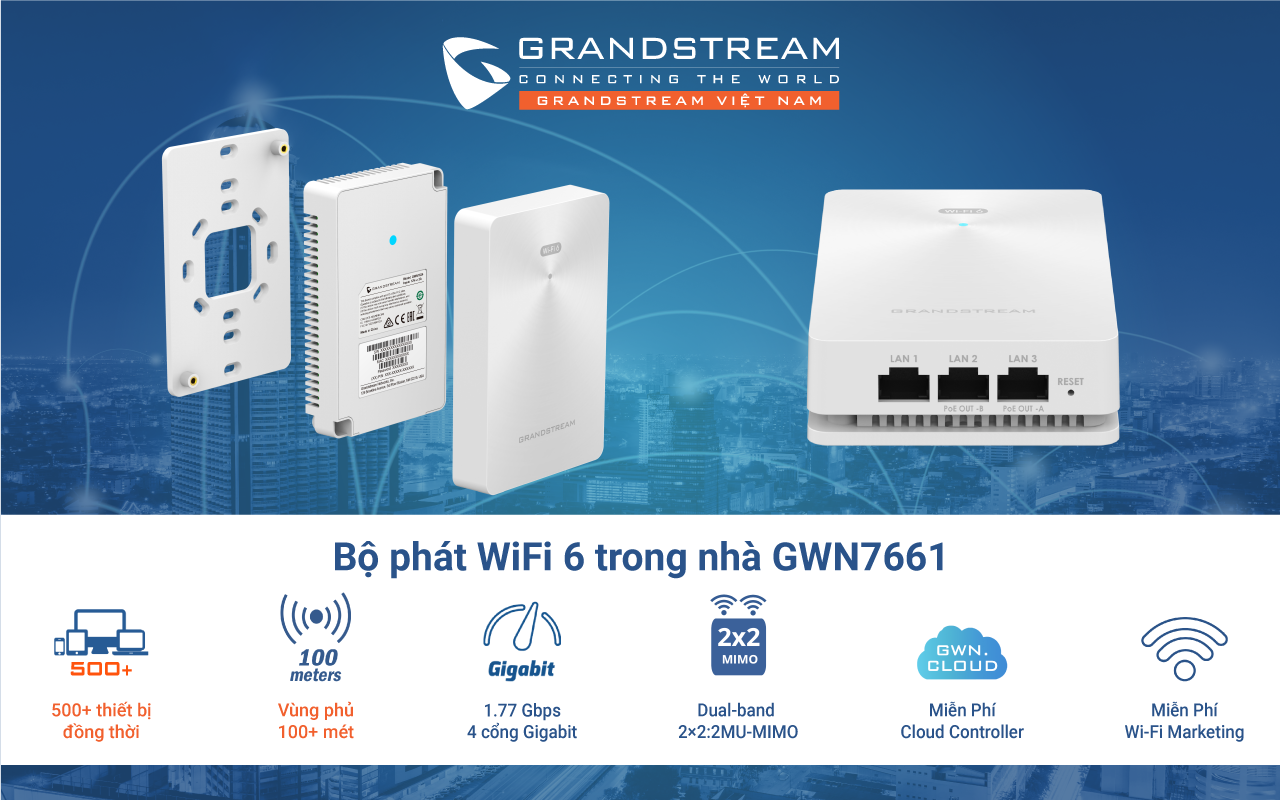 Bộ phát WiFi 6 trong nhà GWN7661 hỗ trợ 500 thiết bị, vùng phủ 100 mét