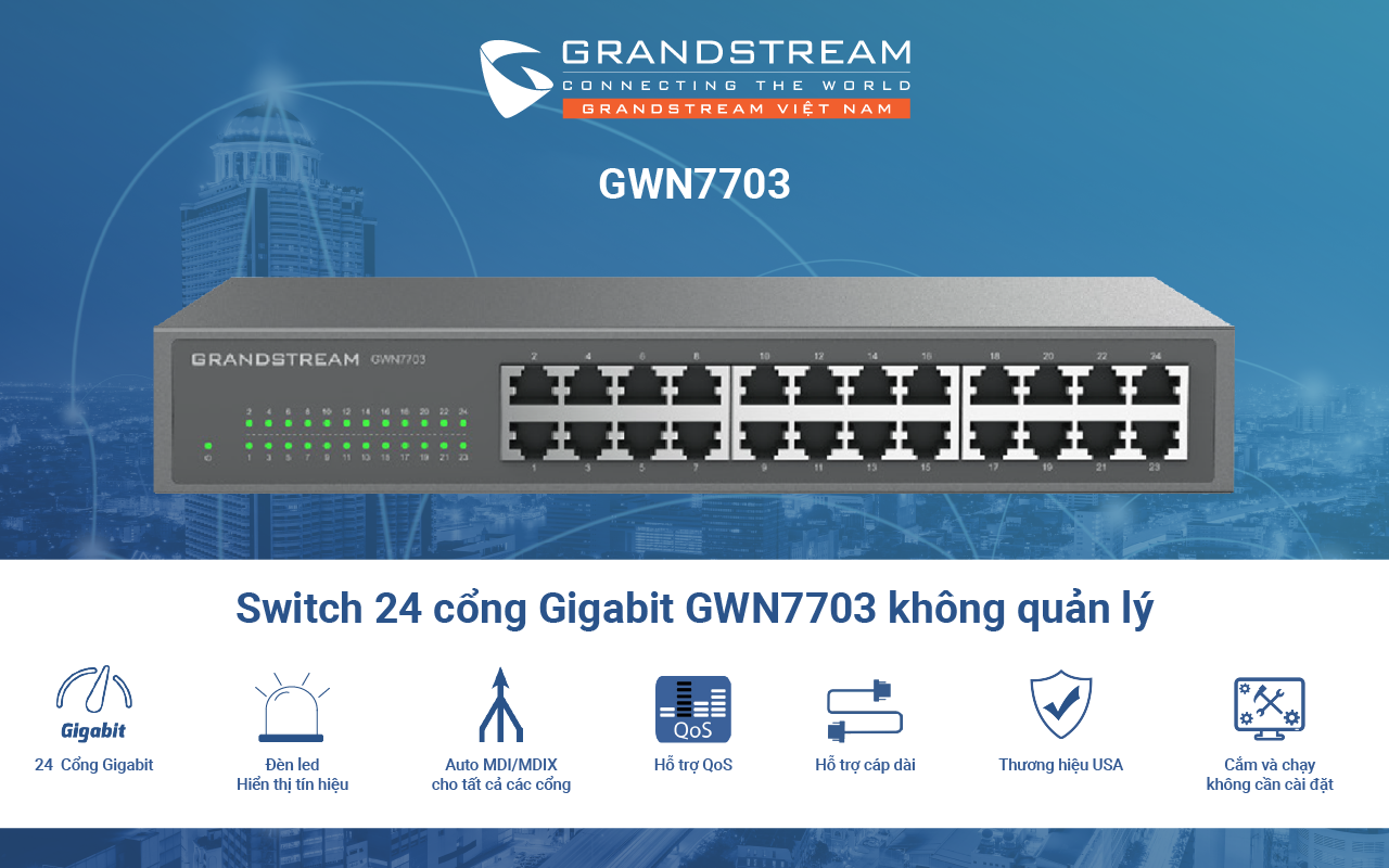 Switch 24 cổng GWN7703 của Grandstream cắm là chạy