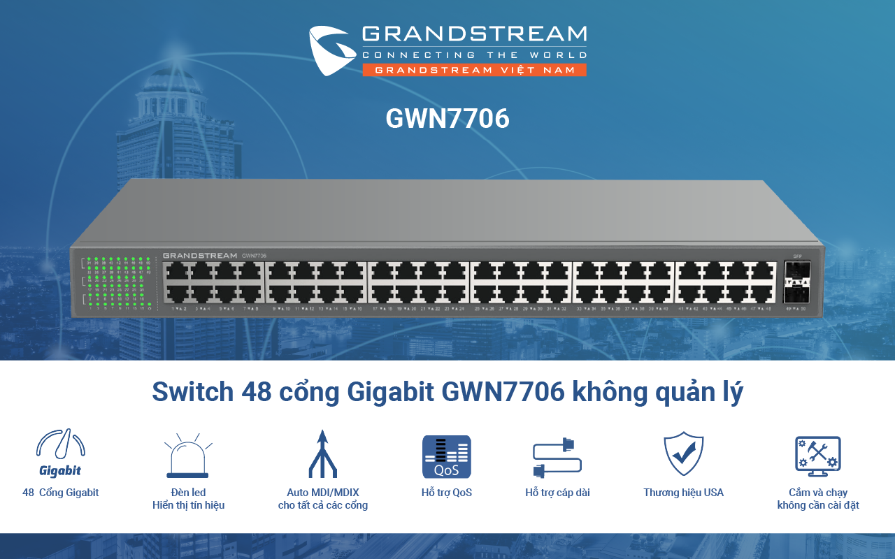 Switch 48 cổng Gigabit vaf 2 cổng SFP Grandstream GWN7706