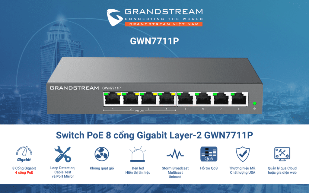 Switch PoE 8 cổng Layer-2 GWN7711P