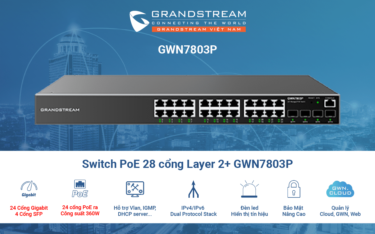 Switch PoE 28 cổng Layer 2+ GWN7803P