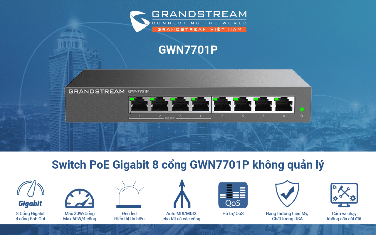 Switch PoE Gigabit 8 cổng GWN7701P không quản lý