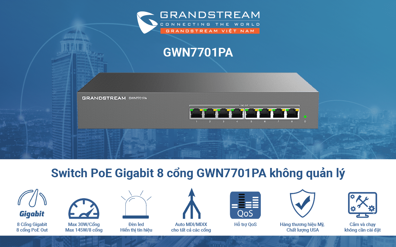 Switch PoE Gigabit 8 cổng GWN7701PA không quản lý