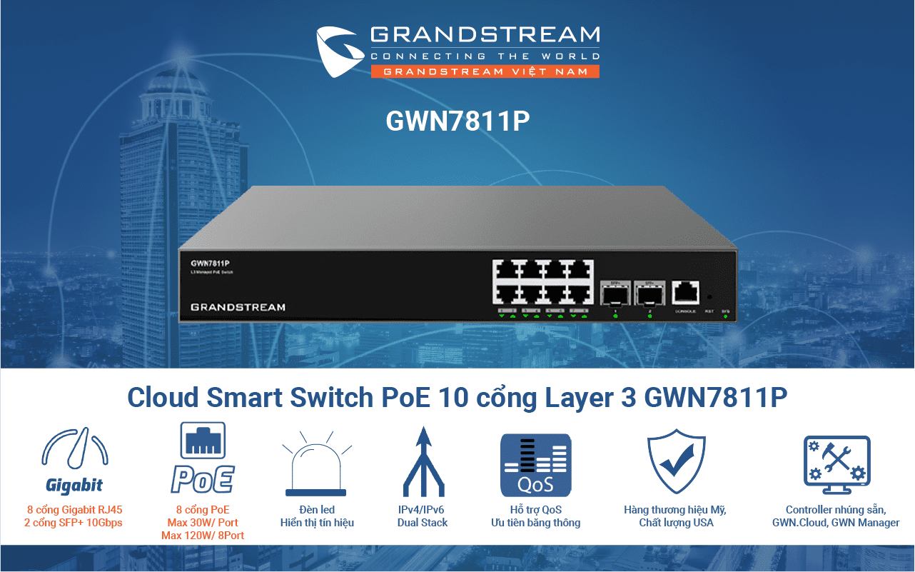 Cloud smart Switch Layer-3 PoE 10 cổng GWN7811P, 2 cổng SFP+ 10Gbps, 8 cổng PoE 1Gbps